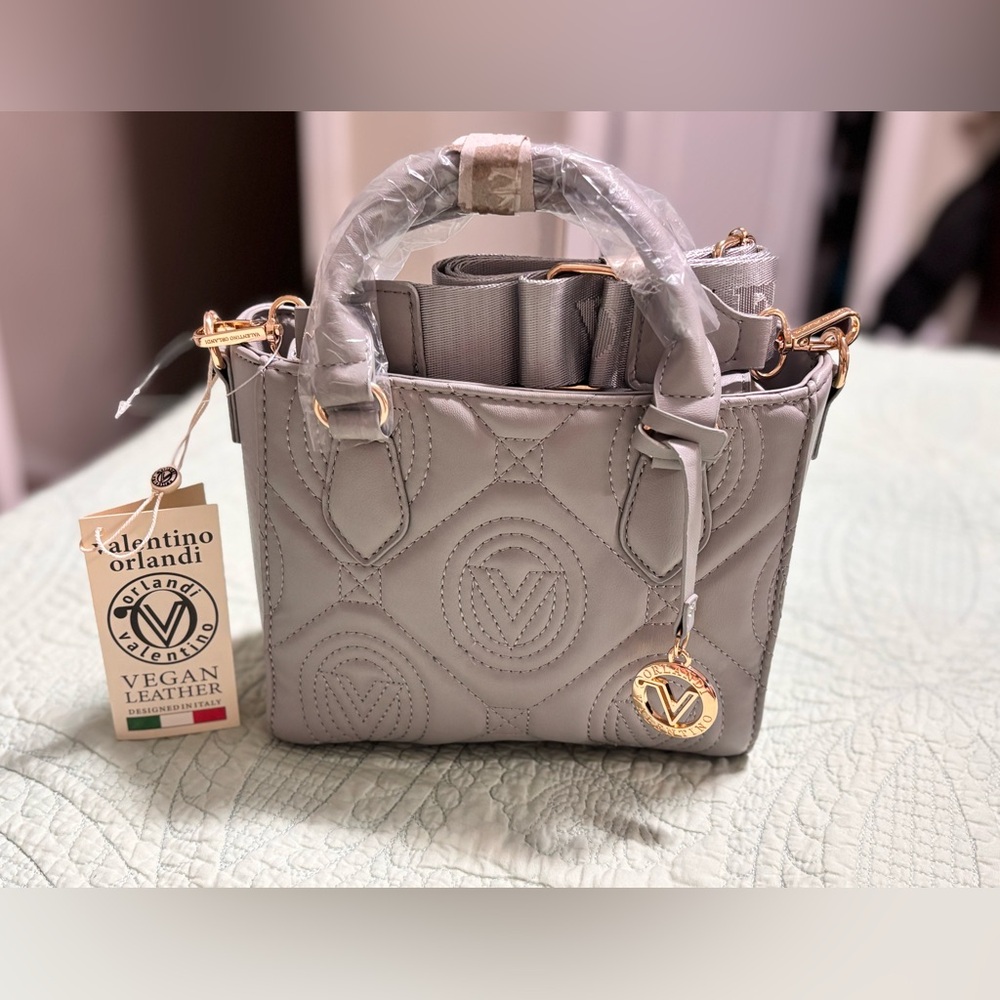 Valentino Orlandi Quilted Gray Crossbody Bag with Gold Hardware (NWT)